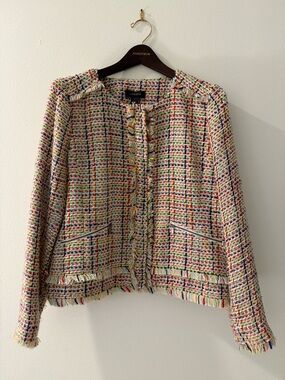 Halogen Multicolor Tweed Fringe Collarless Blazer